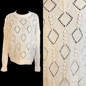 Loft M Cotton Blend White Bobble Knit Pullover Drop Shoulder Sweater 140923